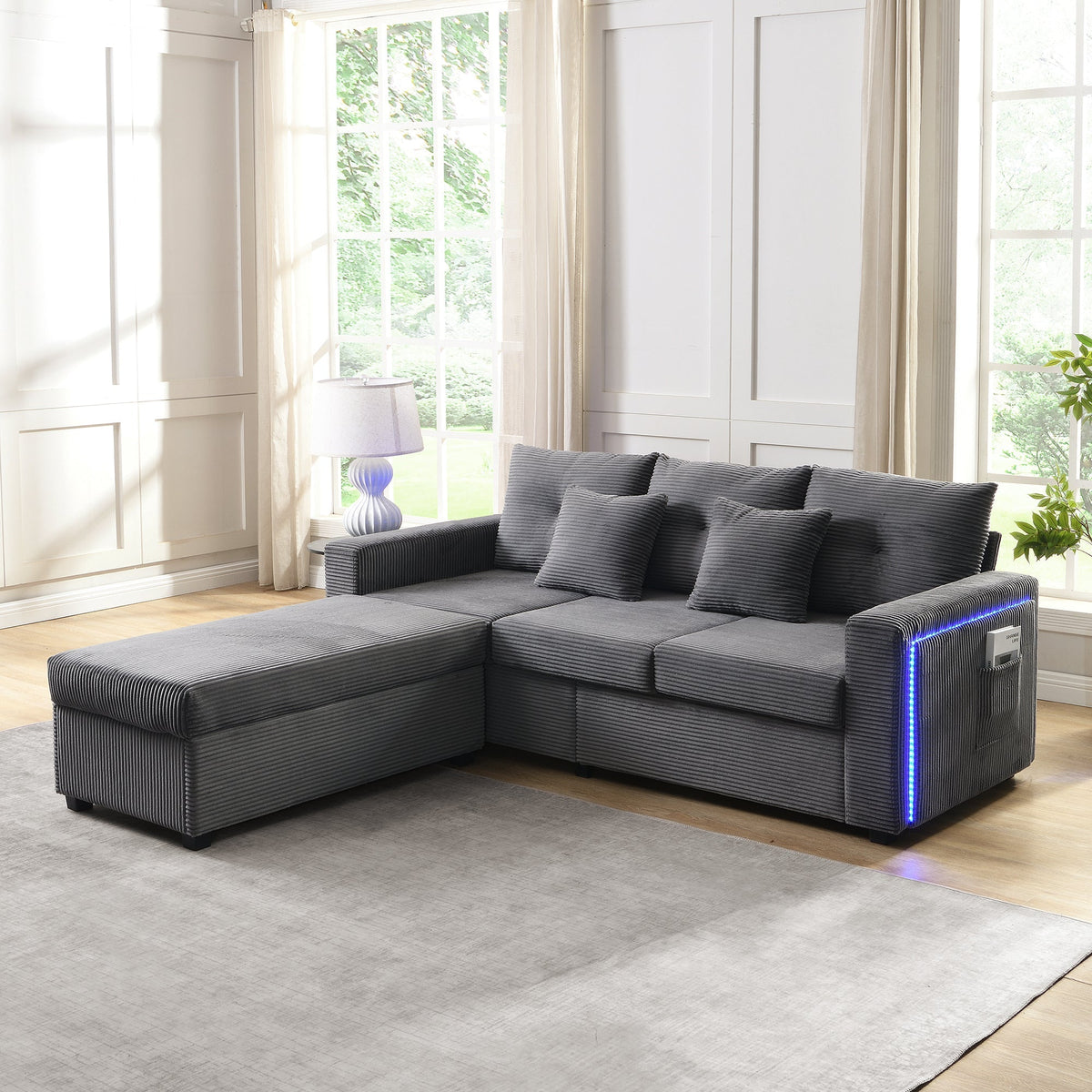 Sofa, 5-Cushion Supreme Set LED 3-Seater with Ottoman, Modular L-Shaped