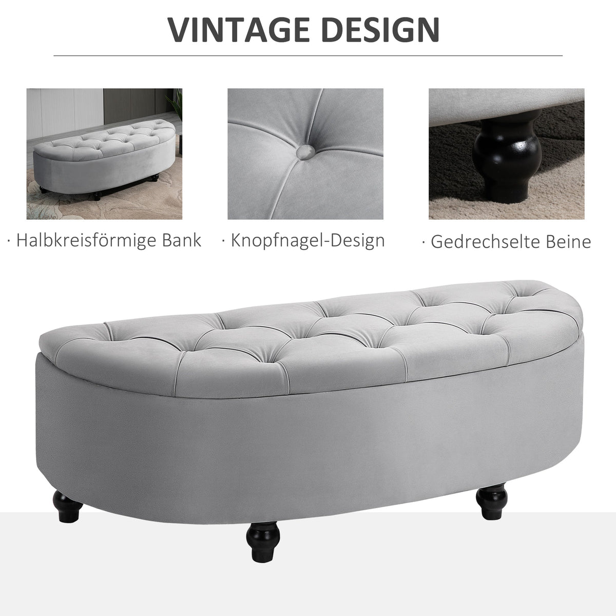 Storage Bench Ottoman Footstool, Velvet-Touch Rubberwood, Grey
