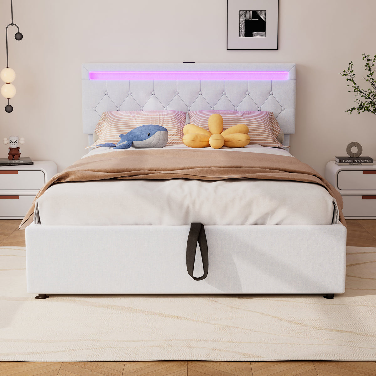 Upholstered Flat Bed 140x200cm with Storage & USB - White
