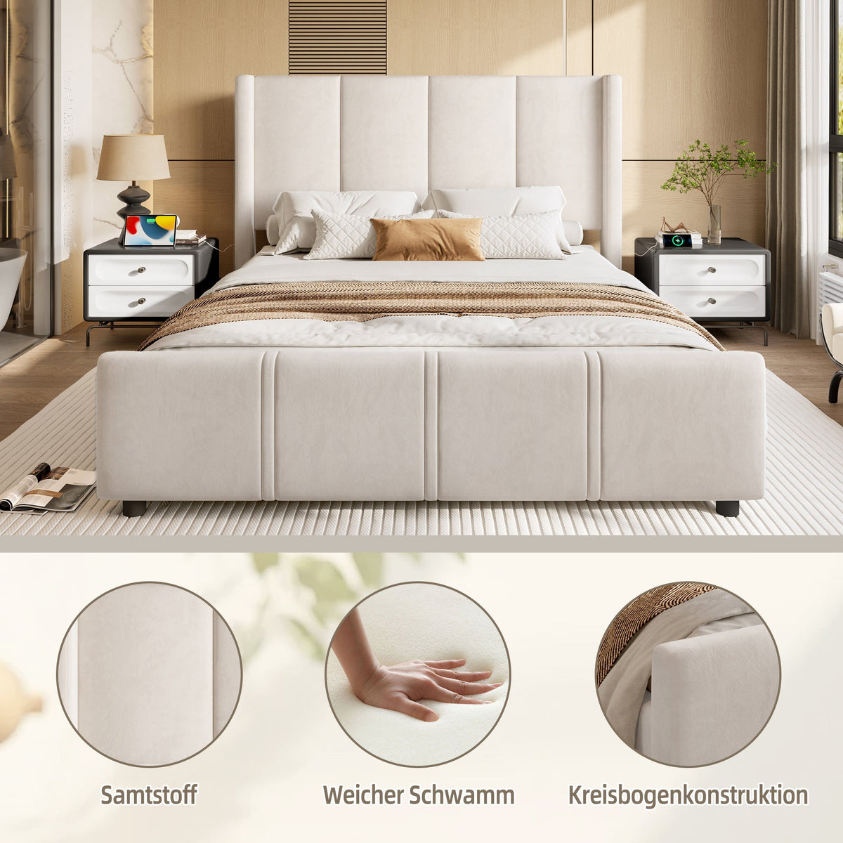 Upholstered Bed Frame, Modern with USB Port, Iron & Wood, Beige