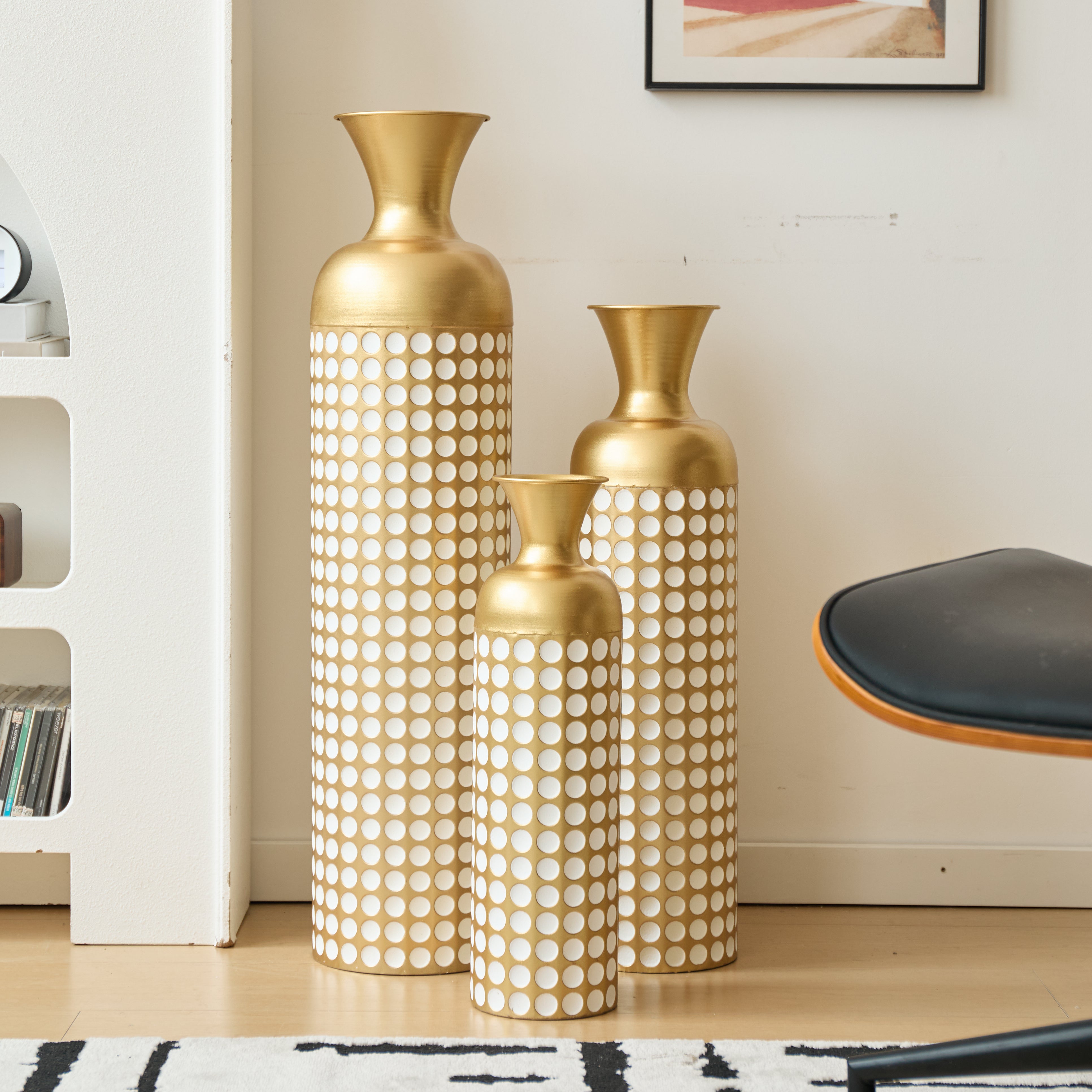 Floor Vase Set, 3 High Retro Vases 83/65/50cm, Decorative Metal Antique Gold
