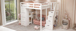 Loft Bed, 140x200cm with Storage, Ladder & Shelves, White Solid Wood