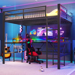 Loft Bed with Desk, LED Lights, Pegboard and Charging Ports, Black Iron Frame