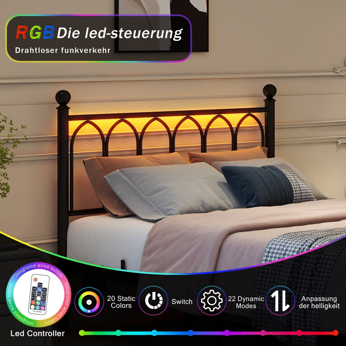 Metal Bed Frame with Vintage Headboard, Footboard, USB & LED, Black