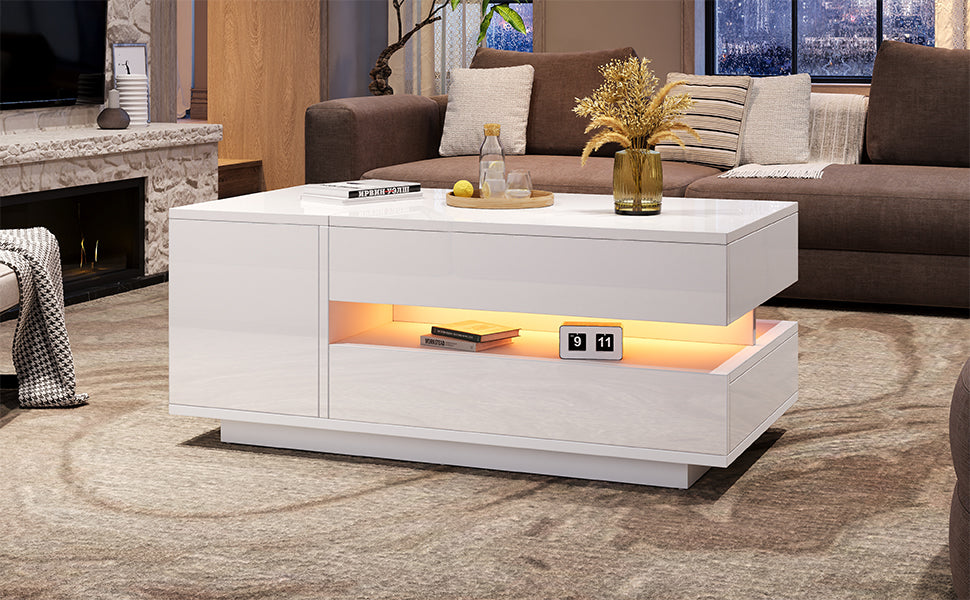 Liftable Coffee Table, 95*50*34.5cm with 1 Drawer & LED, White