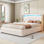 Upholstered Bed 160x200cm, LED Lighting, Hydraulic Storage, Velvet Fabric Beige