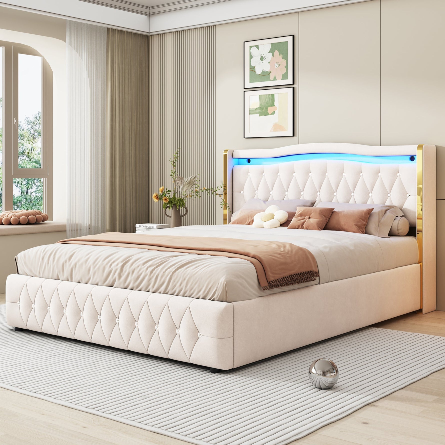 Upholstered Bed 160x200cm, LED Lighting, Hydraulic Storage, Velvet Fabric Beige