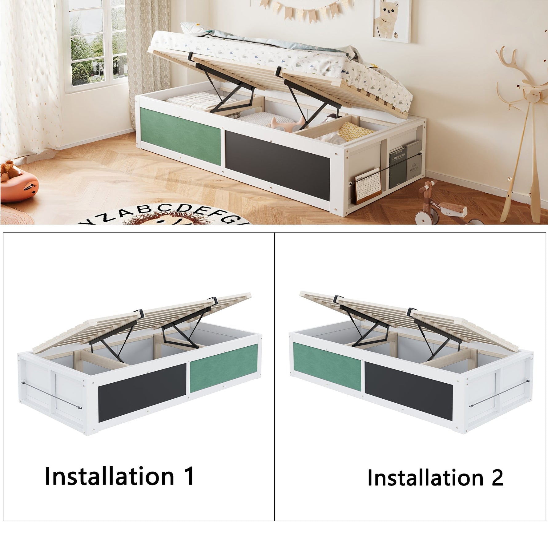 Wooden Bed 90x200cm Hydraulic Writing Surface Storage - White