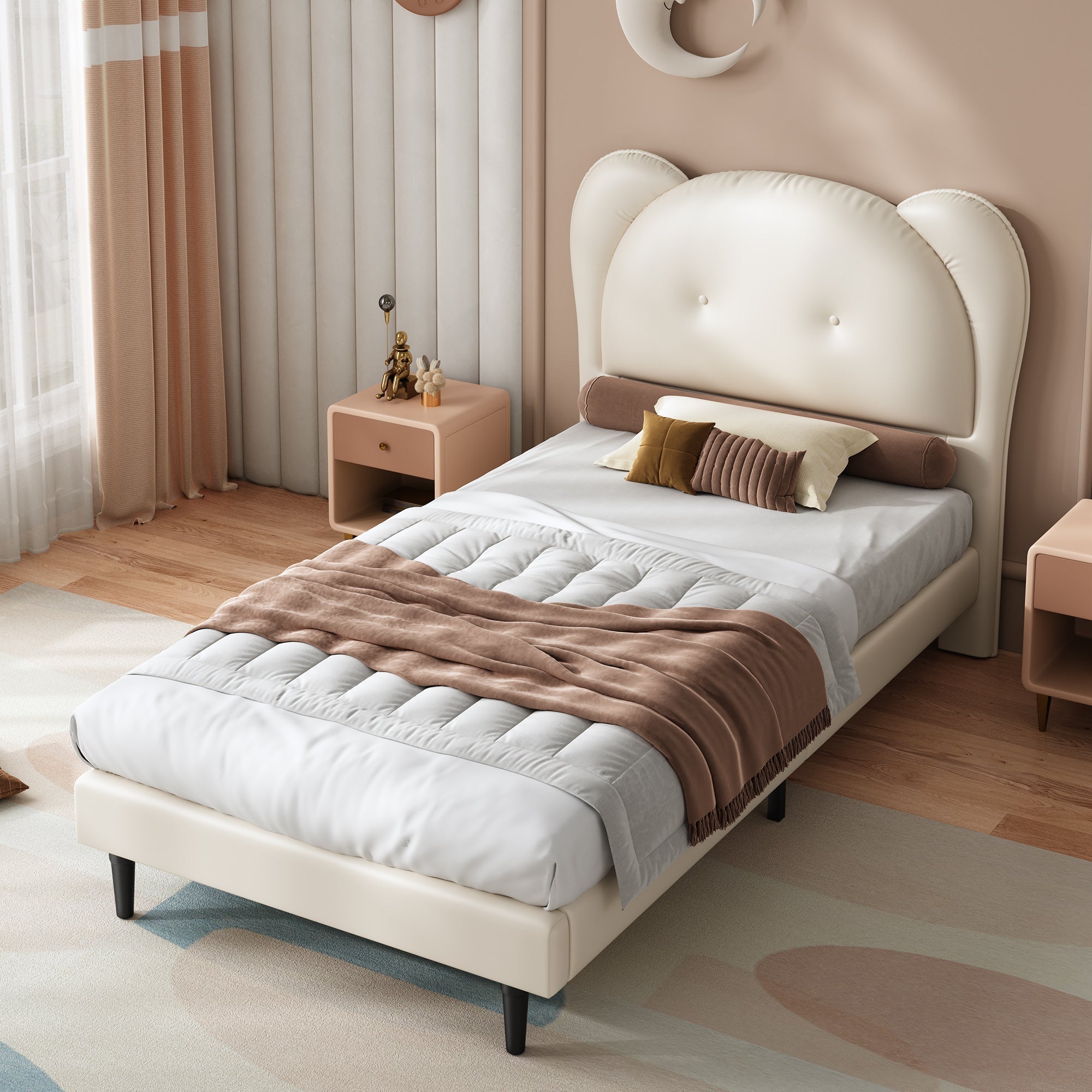 Upholstered Bed, Children's Single with Animal Headboard & Slatted Frame, Beige PU