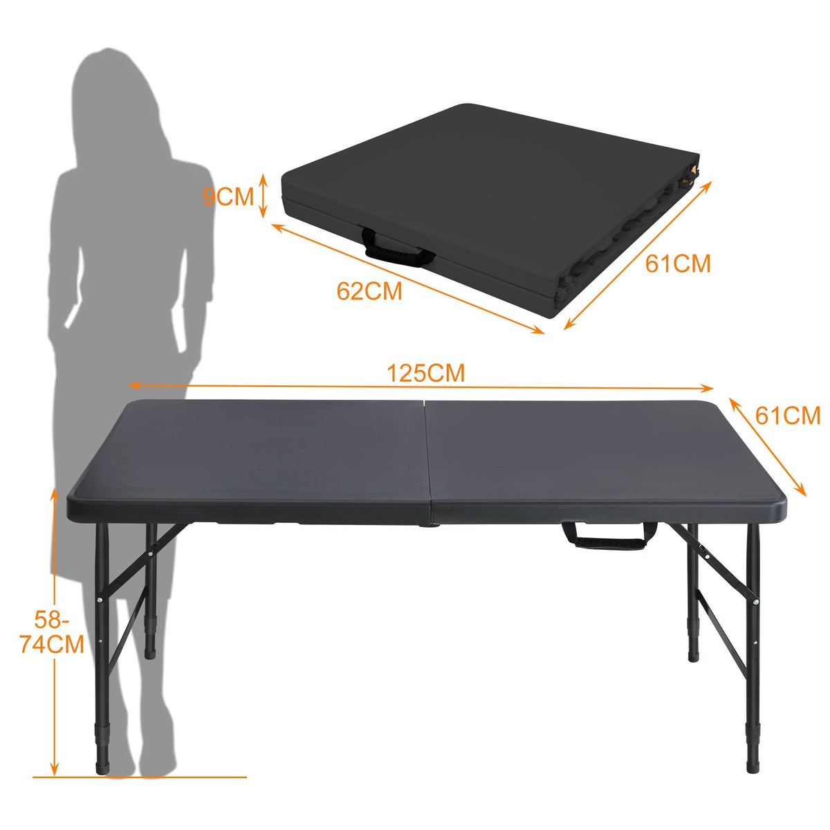 Folding Table 125cm, Portable Heavy Duty, Black