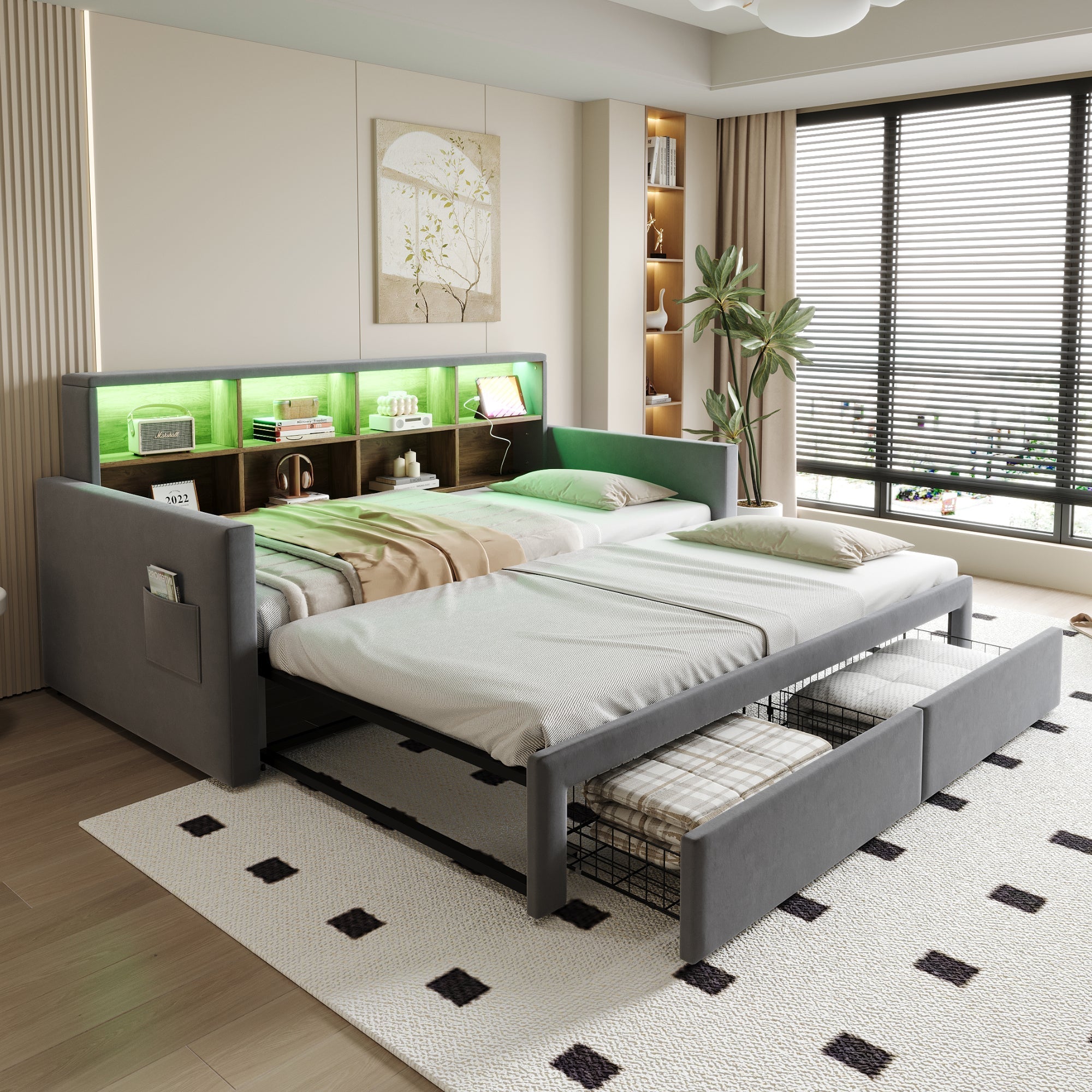Extendable Upholstered Sofa Bed with Storage Headboard, LED Lights and Charging Ports, Dark Grey Velvet