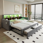 Extendable Upholstered Sofa Bed with Storage Headboard, LED Lights and Charging Ports, Dark Grey Velvet
