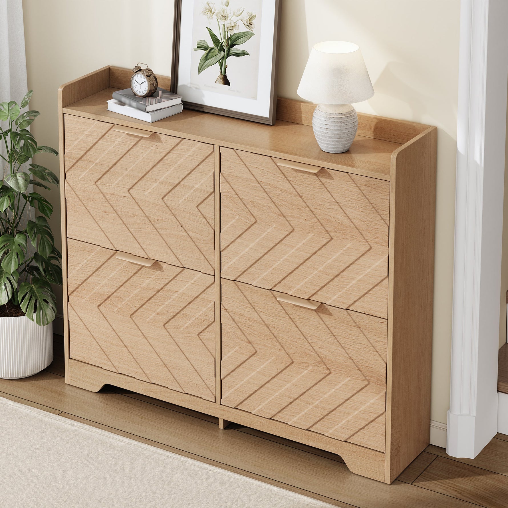 Shoe Cabinet with 4 Flip Drawers and 3D Textured Front, Space-Saving Entryway Storage, Wood White