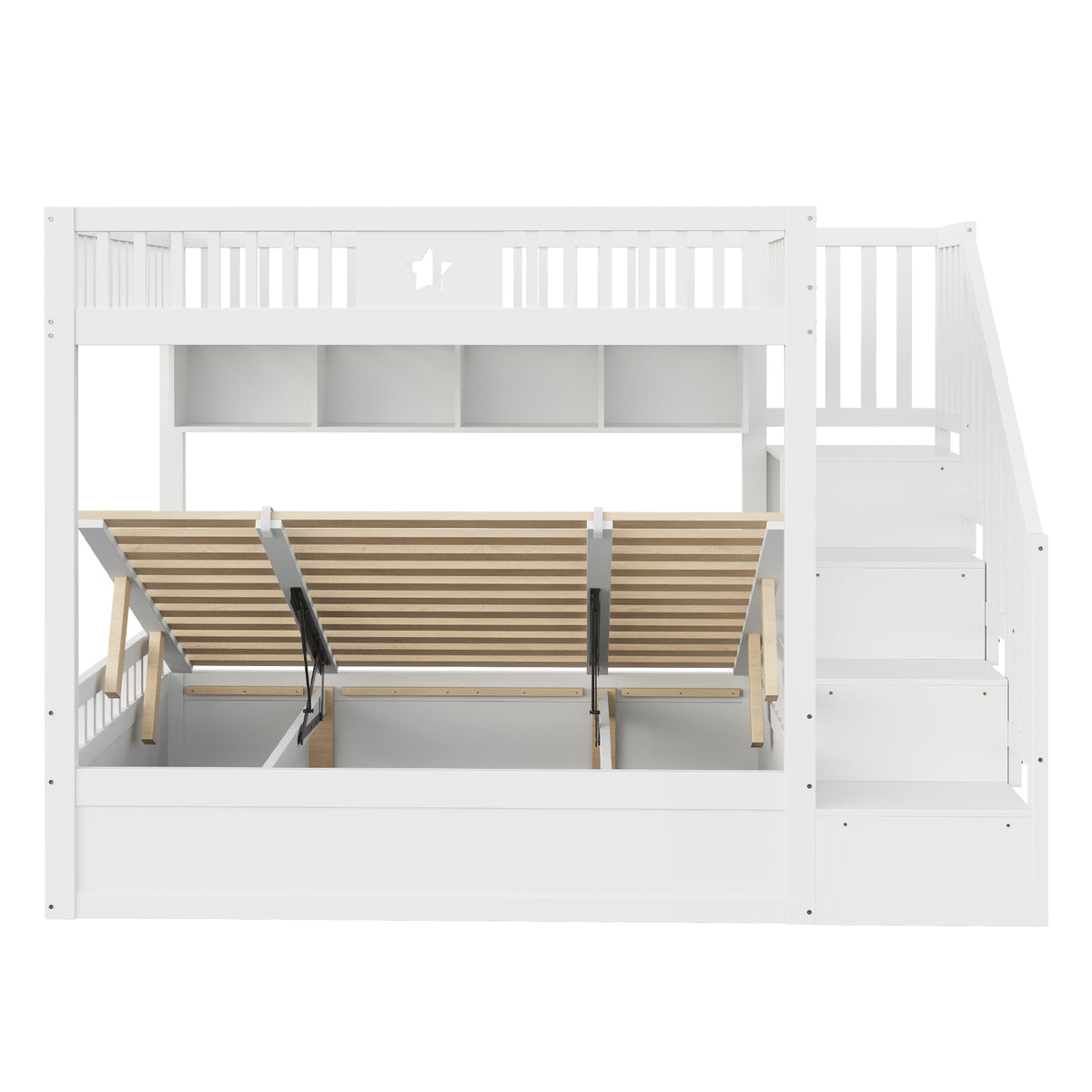 Wooden Bunk Bed 140x200cm with Hydraulic Storage & Stairs, White