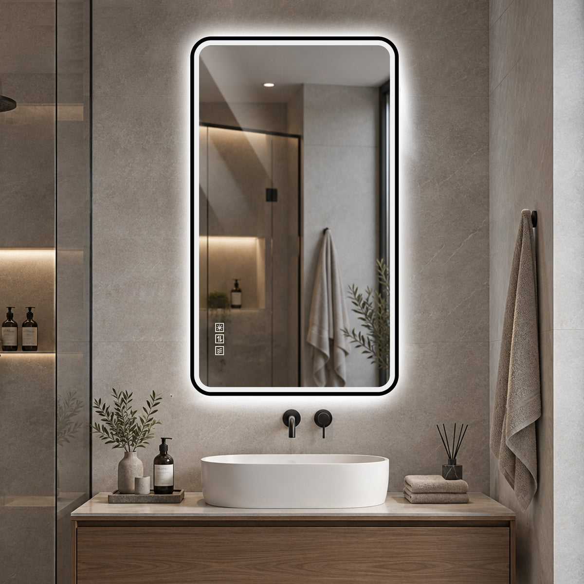 LED Bathroom Mirror 60x100 cm, Dimmable Anti-Fog, Black Aluminum
