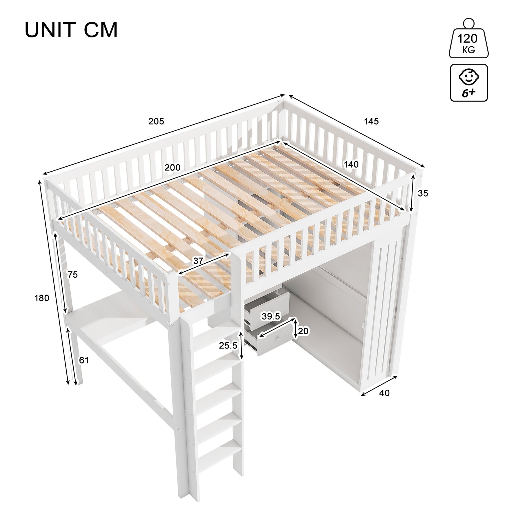 Loft Bed 140x200cm Desk Wardrobe 3 Drawers Storage Stairs - White