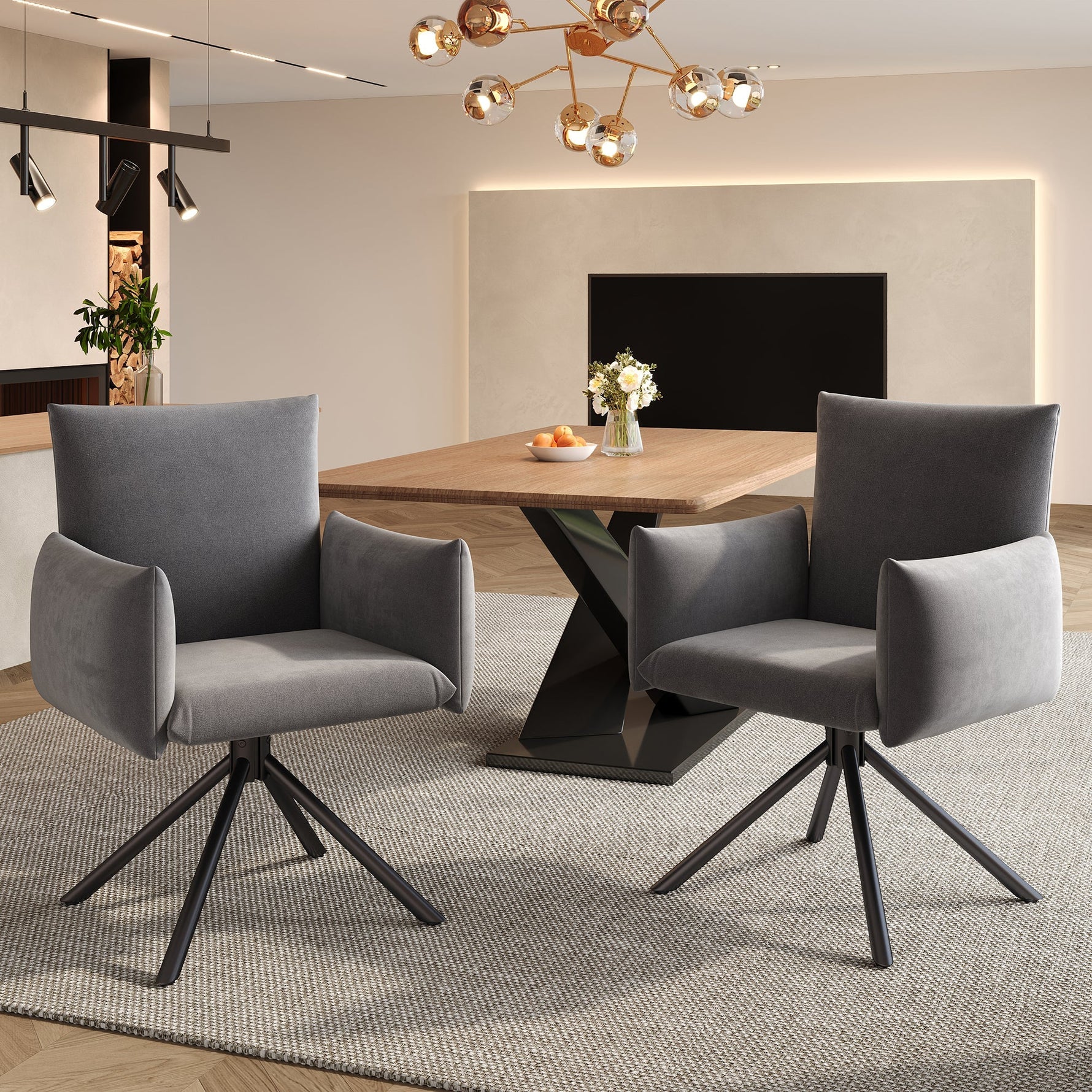 Set of 4 Dining Chairs Upholstered Swivel Metal Legs - Velvet Grey