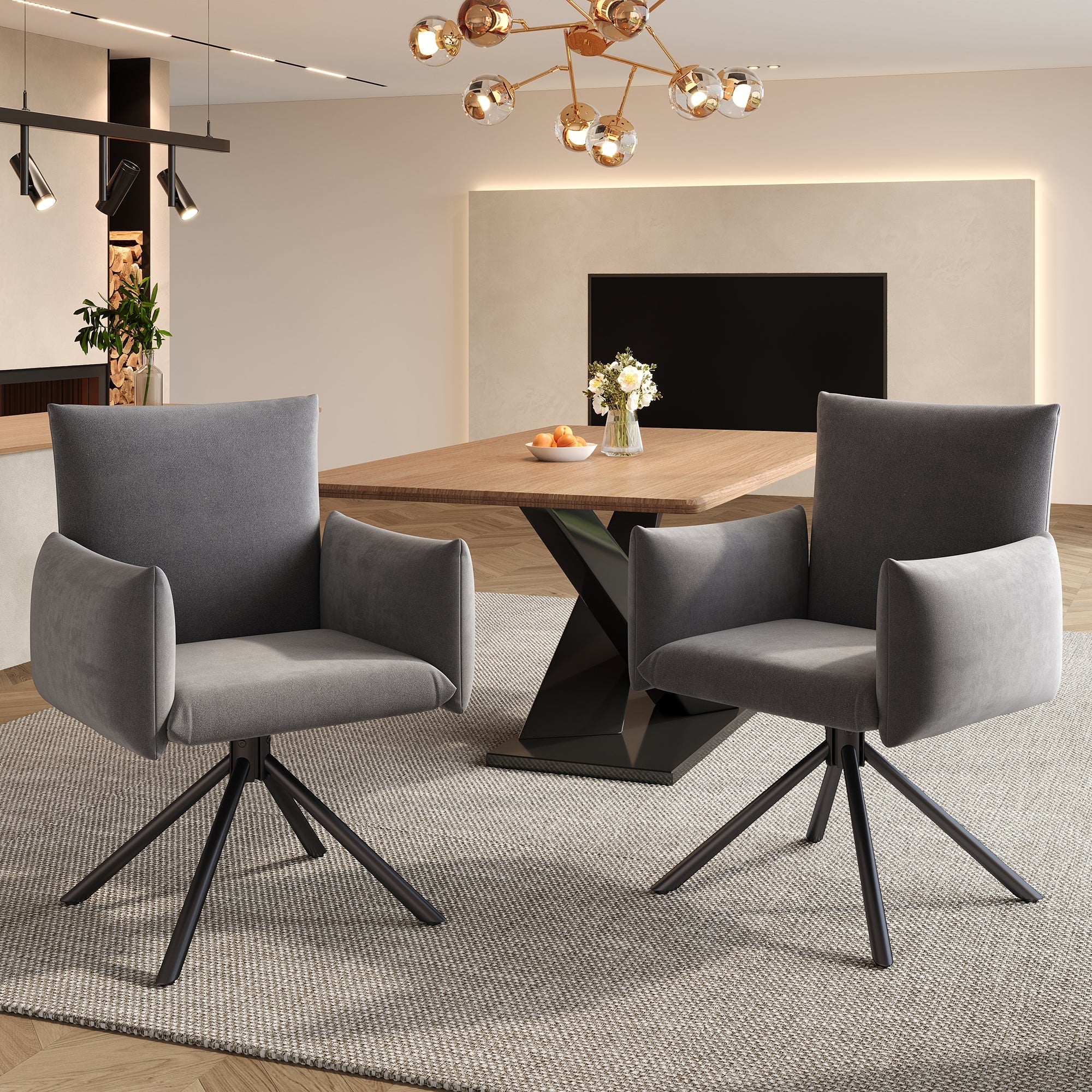 Set of 2 Swivel Chairs Upholstered Metal Legs Lumbar Support - Velvet Grey