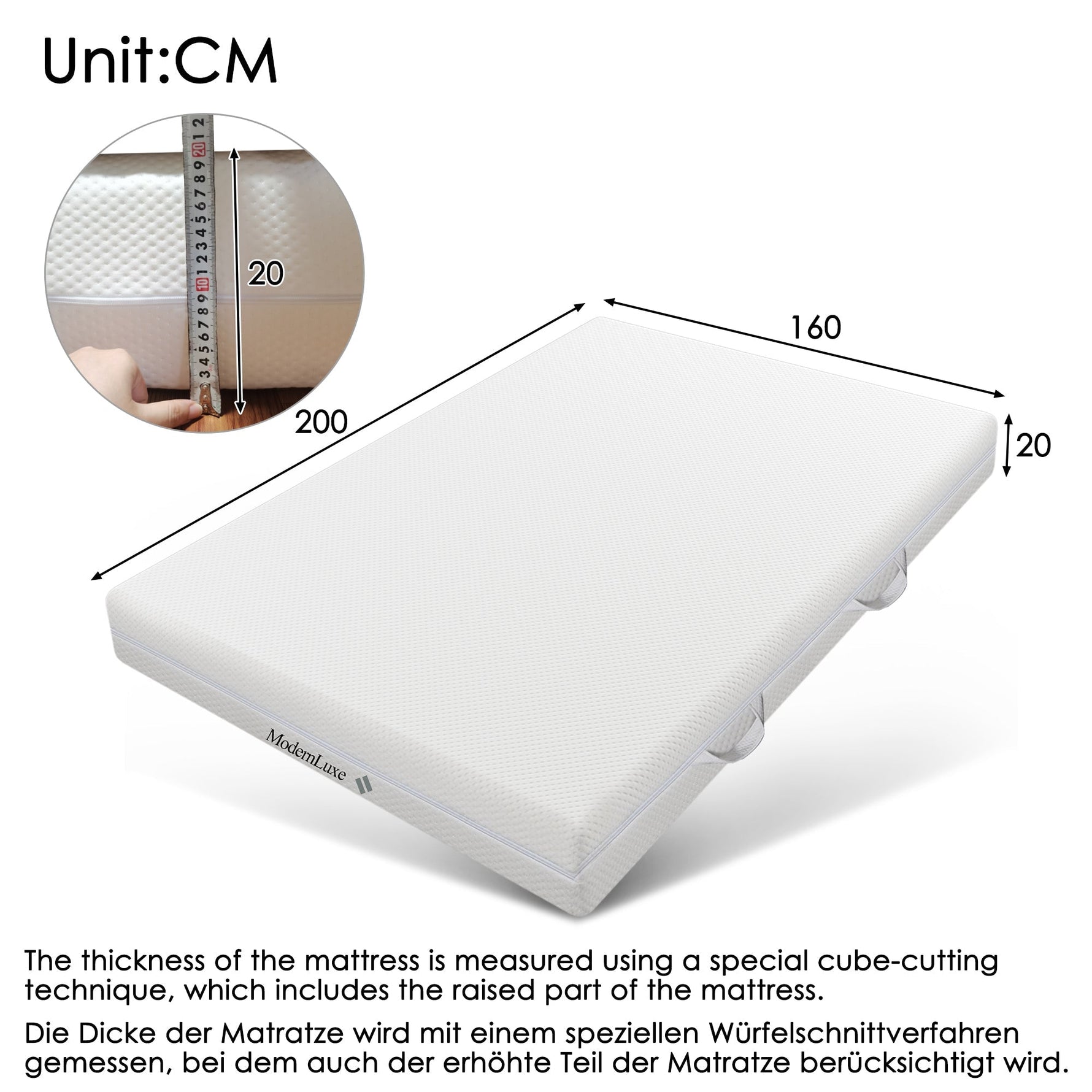 Cold Foam Mattress, 160x200 7-Zone Comfort 20cm H3/H2, Ergonomic with Washable Cover