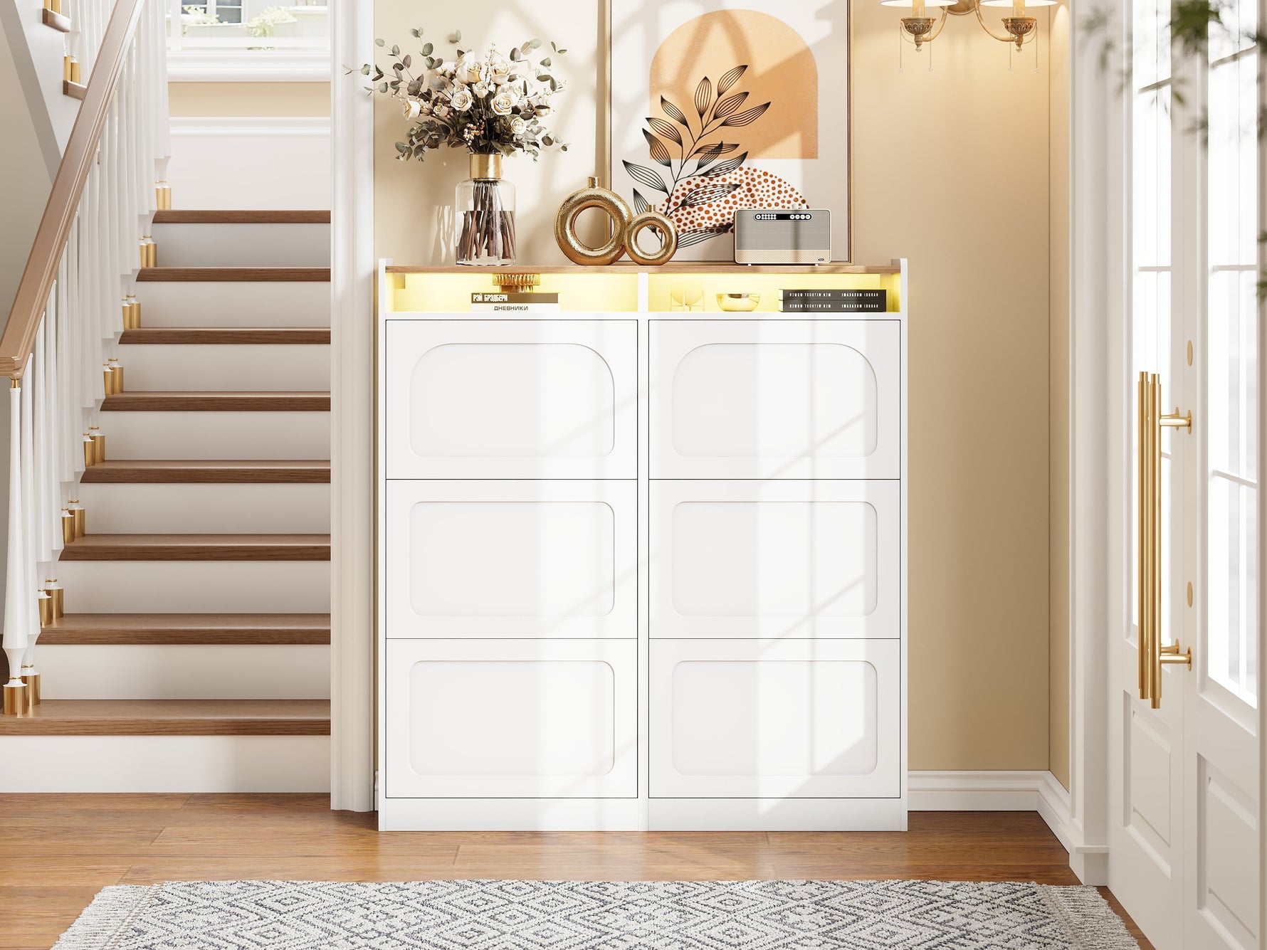 Shoe Cabinet 6 Drop-Down Compartments LED Lighting Open Storage White Natural Finish