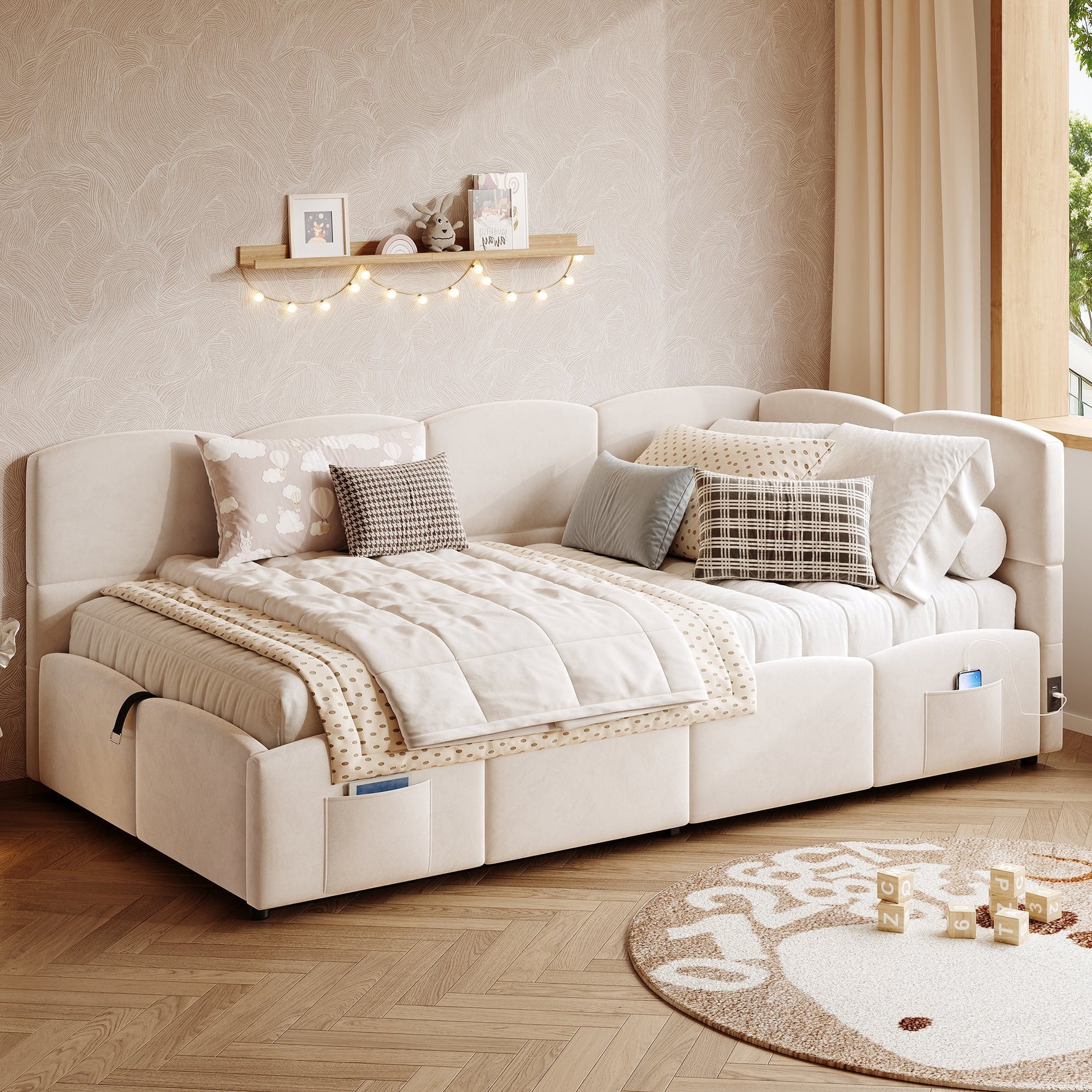 Upholstered Sofa Bed with USB Charger and Storage Bag, 90x200cm, Beige Velvet