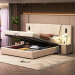 Upholstered Bed, 180*200cm, Extra-Long Backrest, Reading Lamp, USB Port, Hydraulic Storage, Beige Velvet