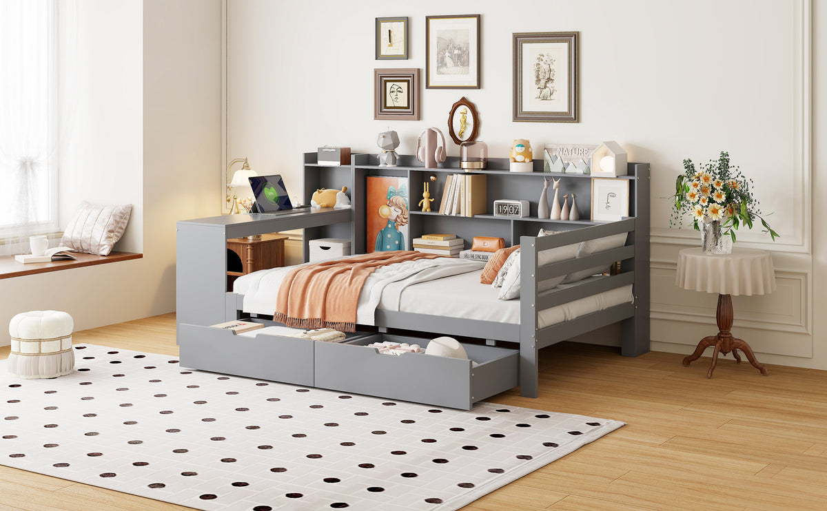 Sofa Bed, Multifunctional with Desk, Bookshelf, Storage & Power Outlet, Solid Wood, Grey