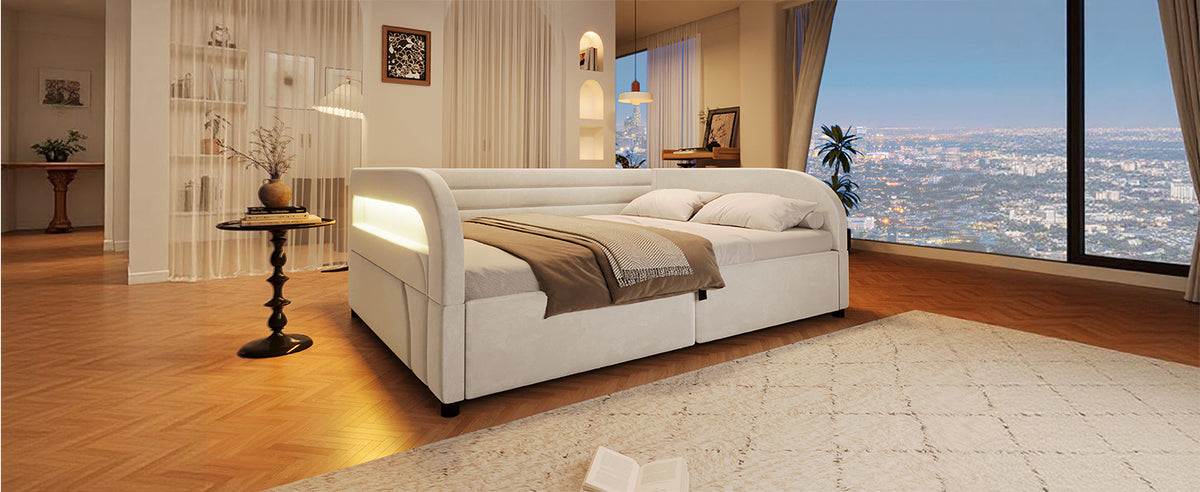Upholstered Platform Bed 140x200, Hydraulic Storage & LED, Beige