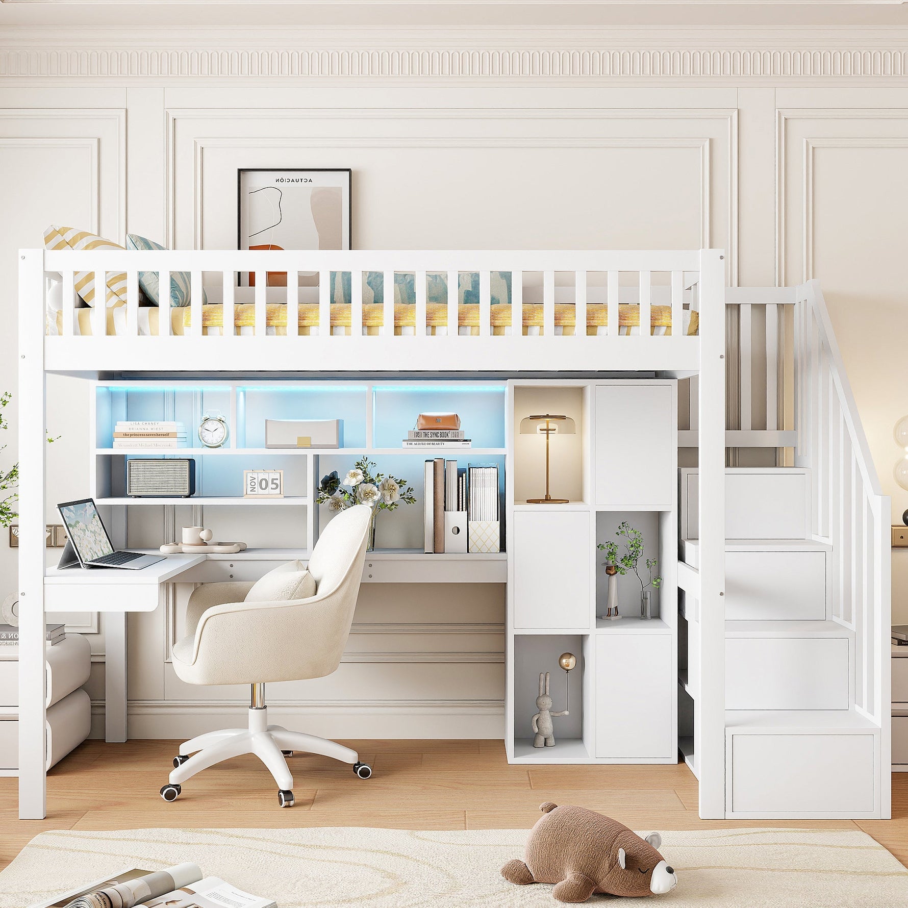 Loft Bed with LED Lights, Desk, Shelves and Storage Ladder, White Pine Wood and MDF