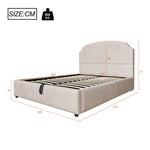 Upholstered Double Bed 140x200 with Hydraulic Storage and Wide Headboard, Beige Striped Plush