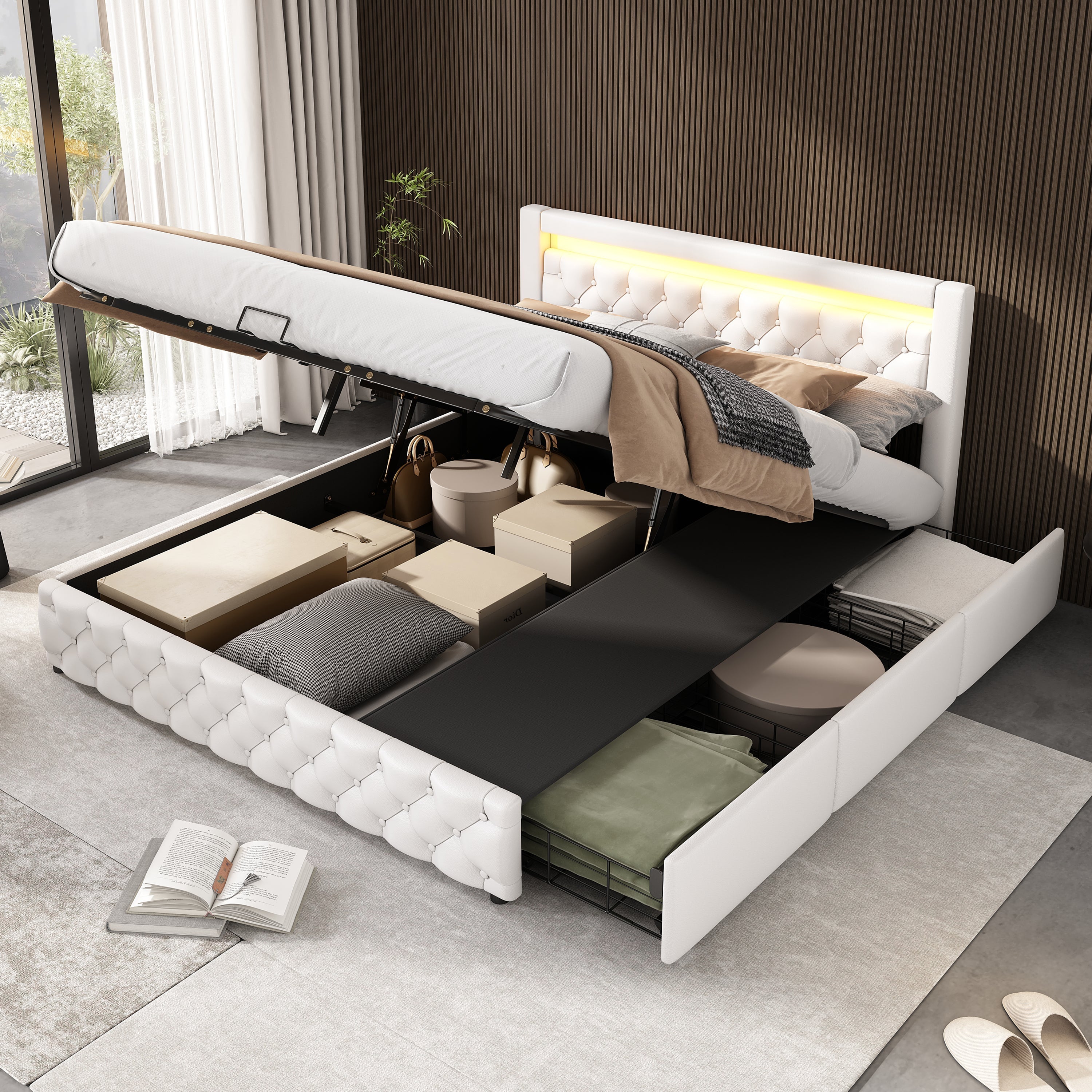 Upholstered Double Bed with LED Lights, Drawers and Slatted Frame, 160x200cm, White PU