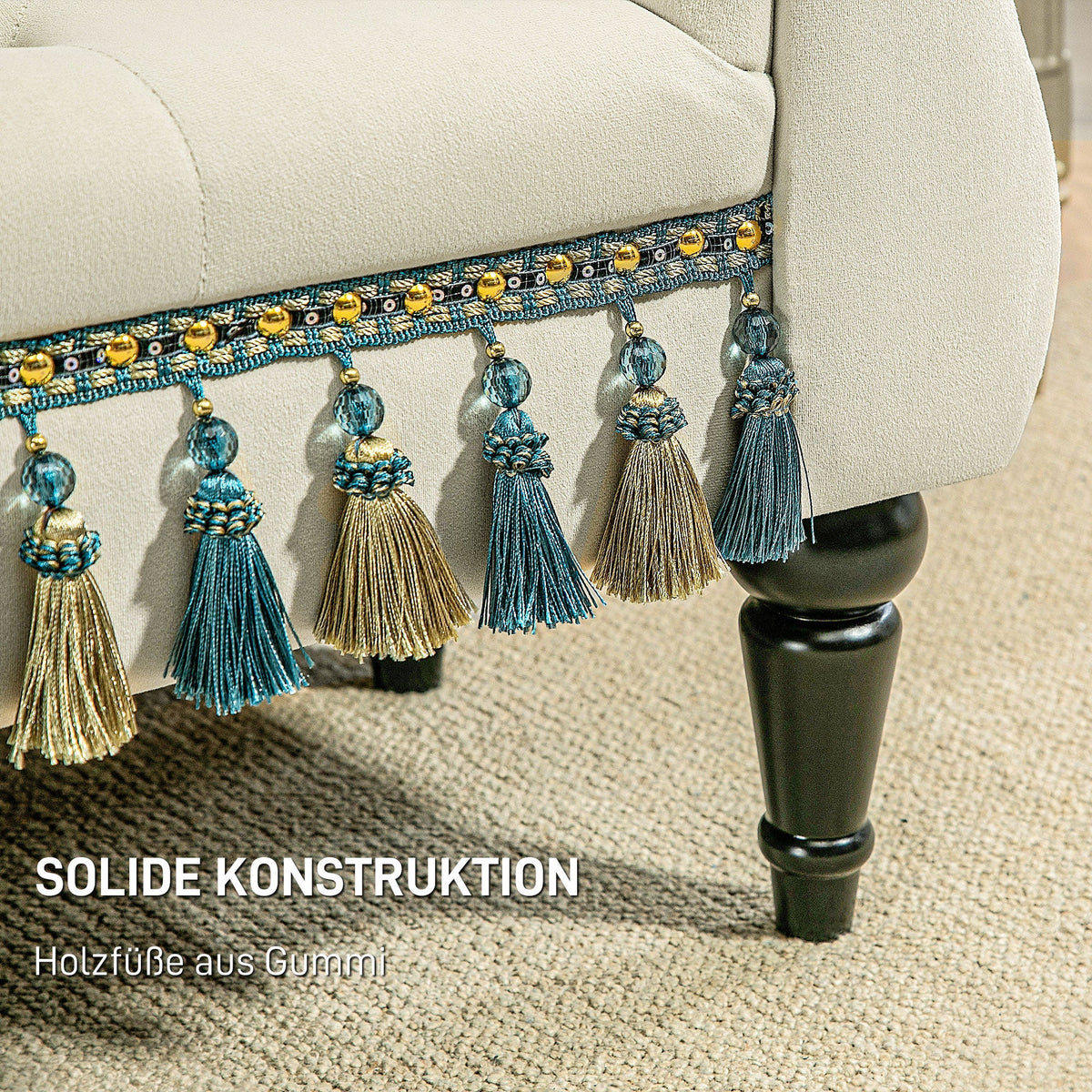 Upholstered Bench with Armrests, Vintage Design, Beige Velvet