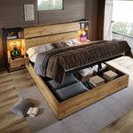 Upholstered Double Bed 160x200cm Hydraulic Storage LED, Beige Linen