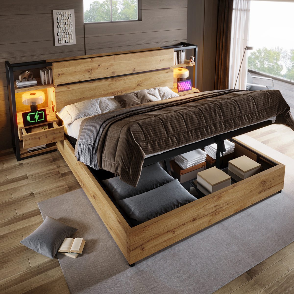 Upholstered Double Bed 160x200cm Hydraulic Storage LED, Beige Linen