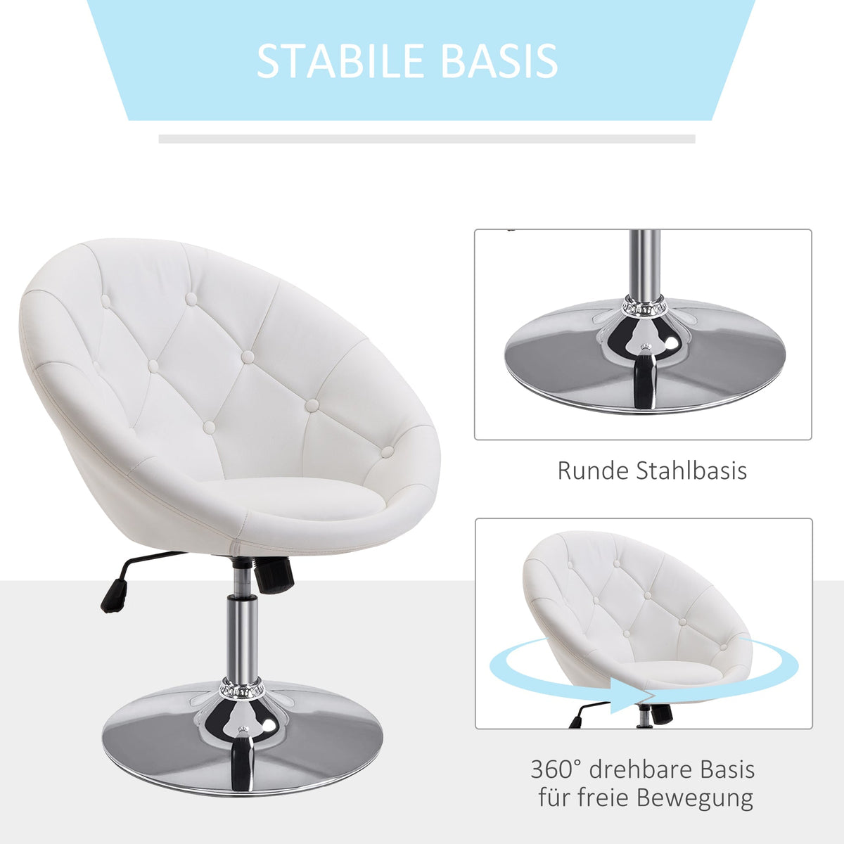 Work Stool Swivel Height-Adjustable Chrome-Plated Black/White PU Steel
