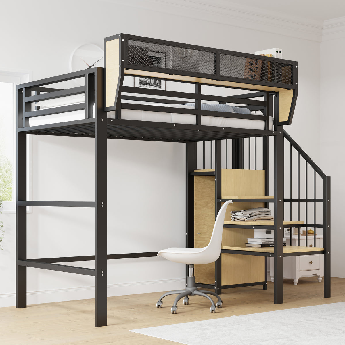 Loft Bed 90x200 with Safety Ladder & Storage, White Metal