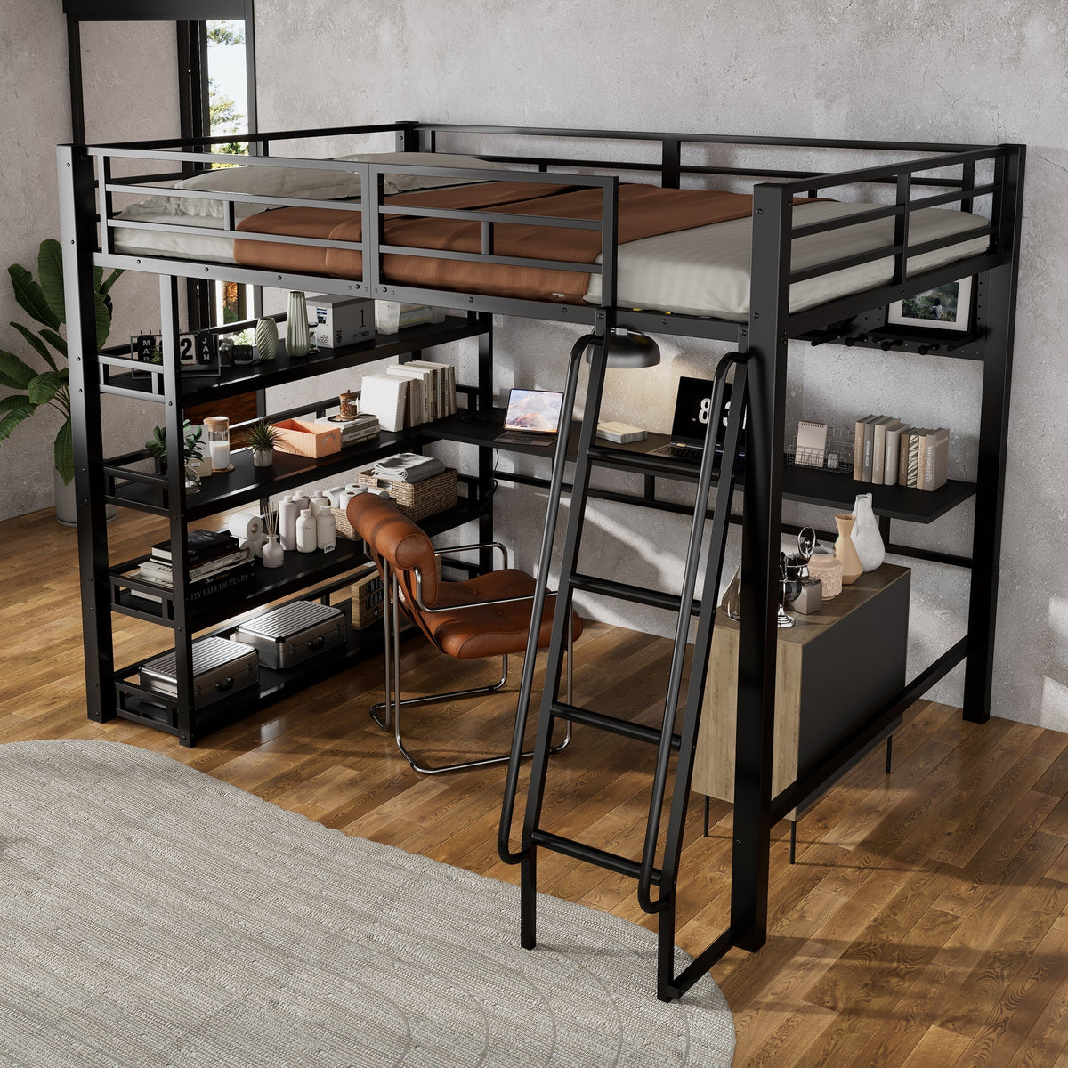 Iron Bed, Loft Bed with Storage, Charging Port, Ladder, Black Iron & Chipboard