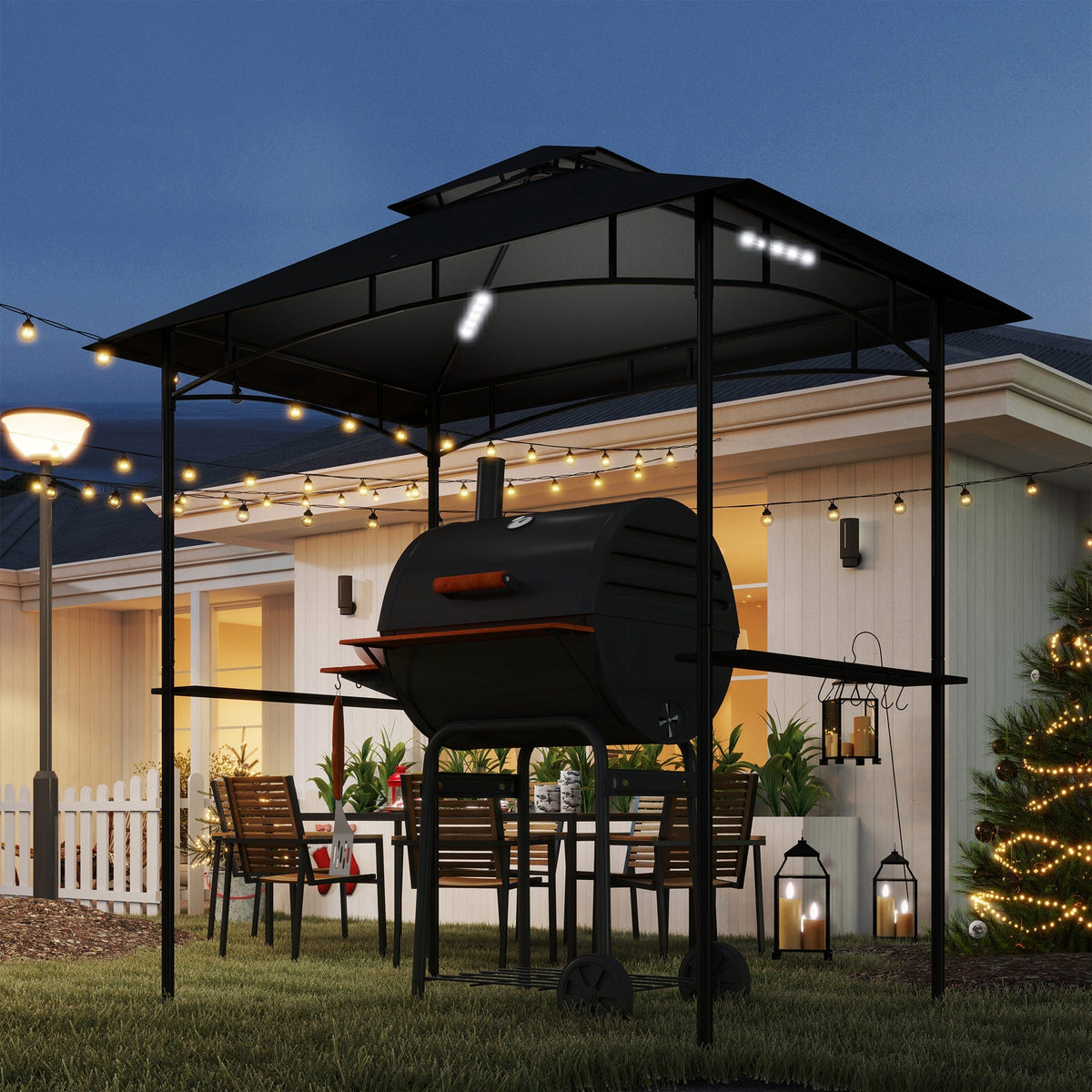 Grill Pavilion LED Lighting, 240x150x258cm, Water-Repellent, Double-Layered Roof, Side Shelves, Dark Grey