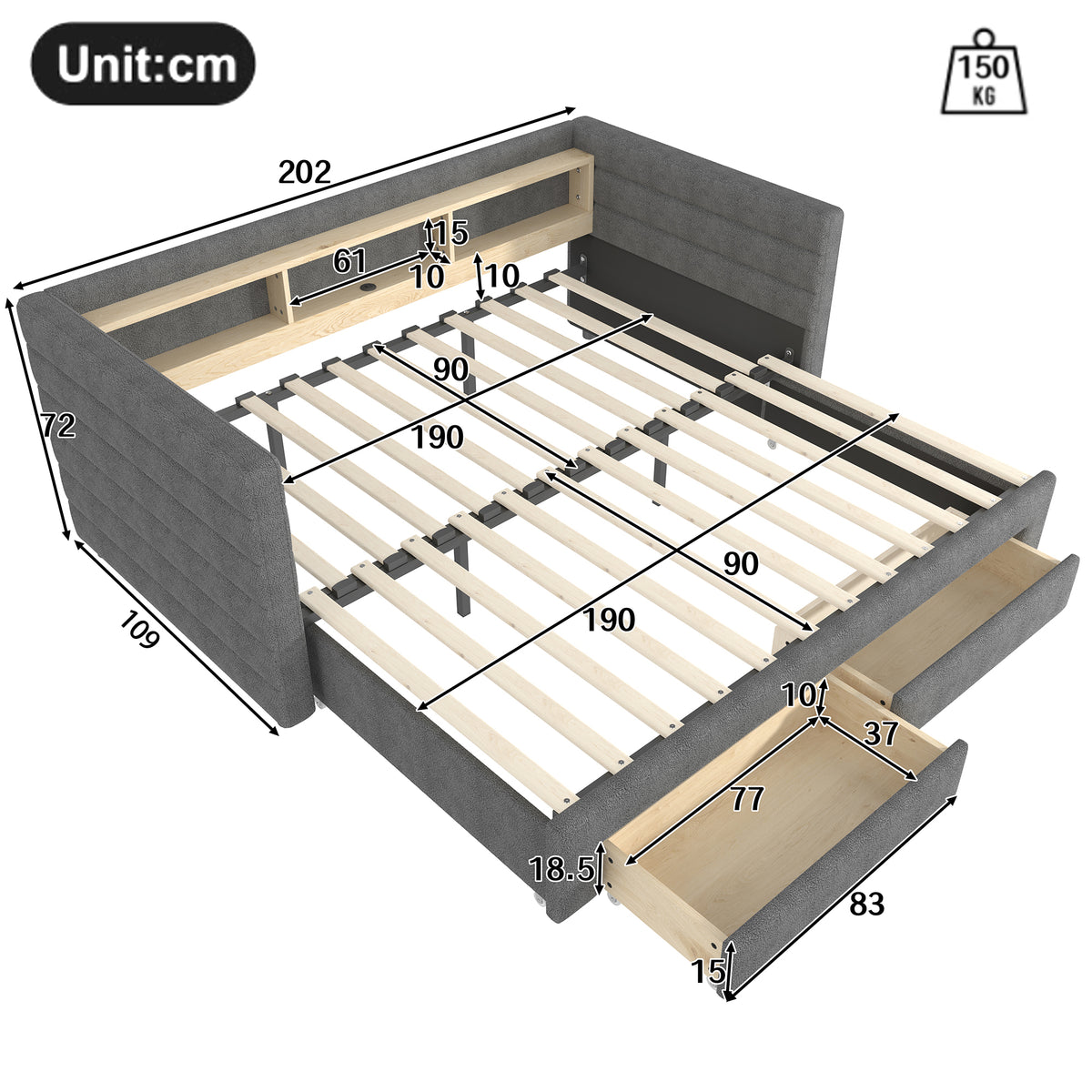 Multifunctional Daybed 90x190cm with Drawers, Grey Velvet