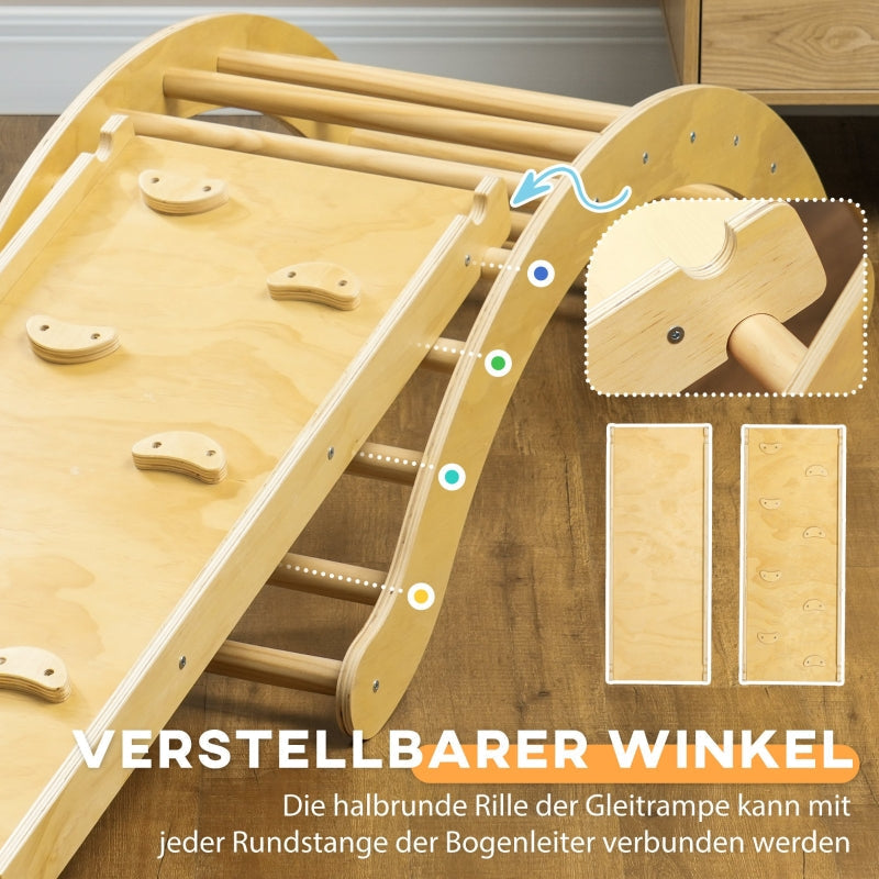 Children's Climbing Set, 4-in-1 Design with Arched Bridge, Rocking Swing, Cushion and Slide, Wood