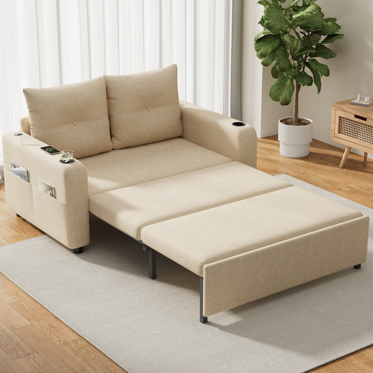 3-in-1 Sleeper Sofa with Pull-Out Bed, Cup Holder, USB Port and Side Pockets, Beige Cotton Linen
