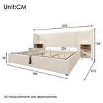 Upholstered Double Bed 180×200 with Bedside Table, Reading Lamp, USB-C, Solid Wood & Metal Frame, Beige-White Corduroy