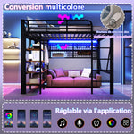 Loft Bed with Storage, Net, Clothes Rail and LED Light Strip, Iron Frame, Black