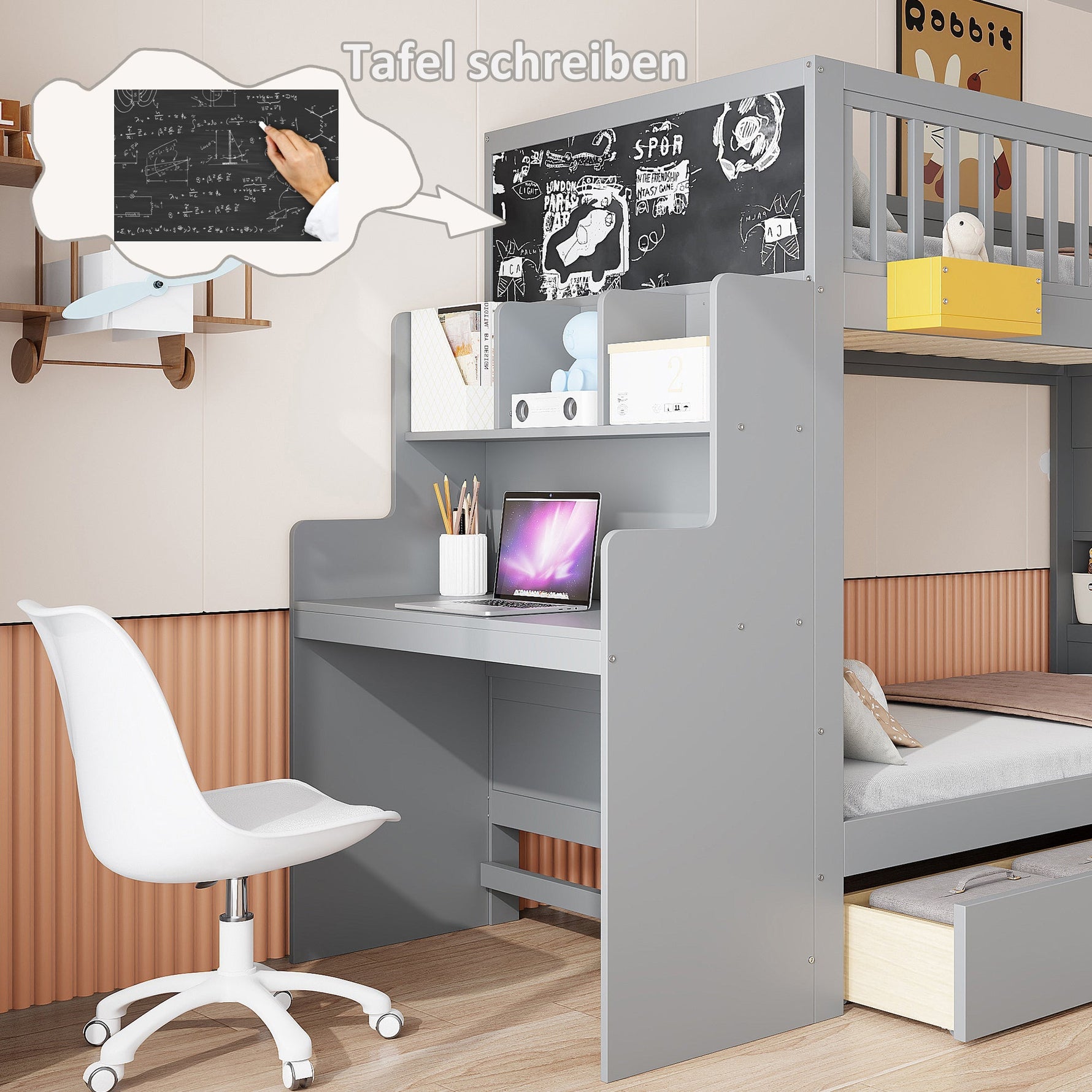 Bunk Bed with Desk, Storage Drawers and Star Motif, 90x200cm, Grey Pine Wood