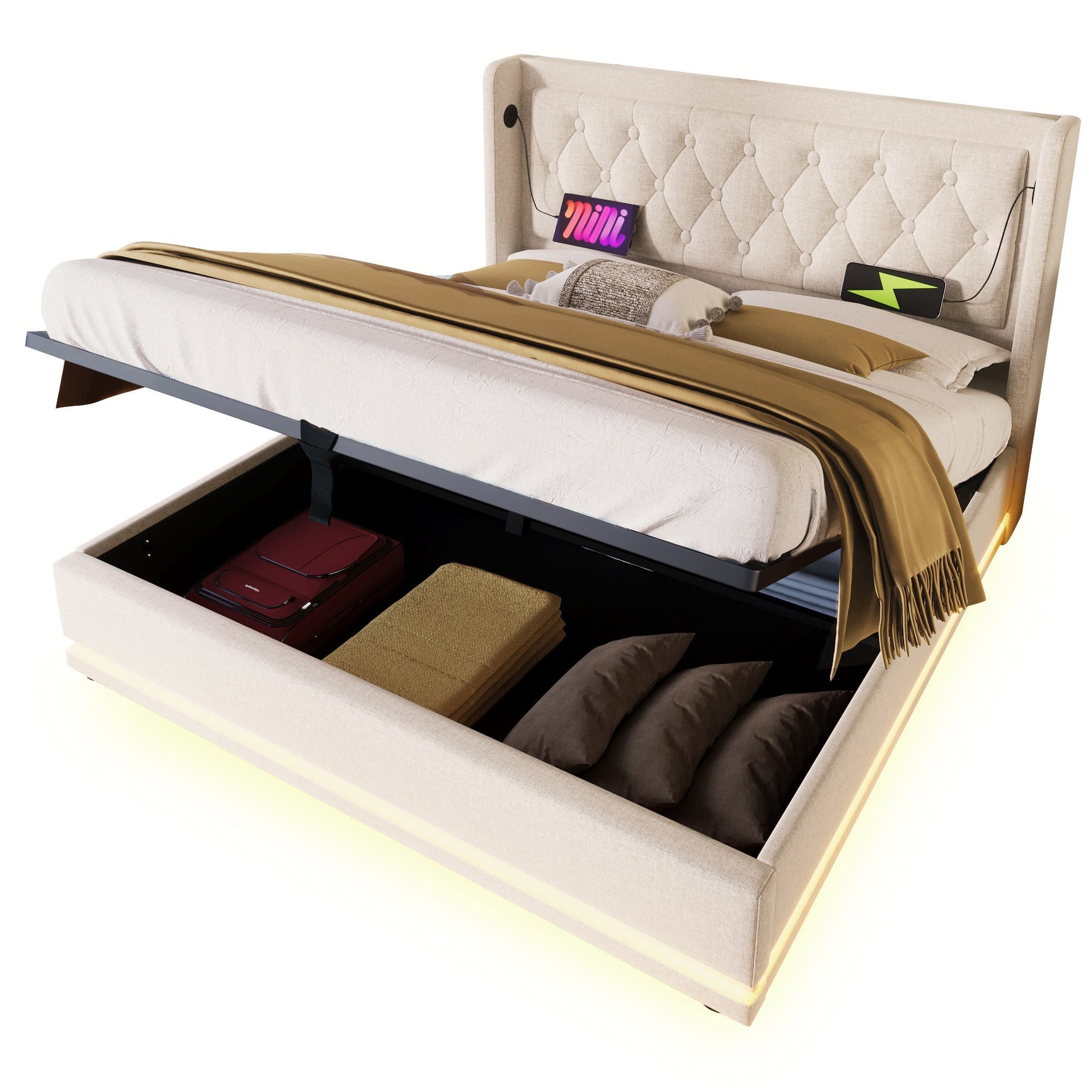 Upholstered Double Bed with Hydraulic Storage, USB and LED, 180x200cm, Beige Cotton