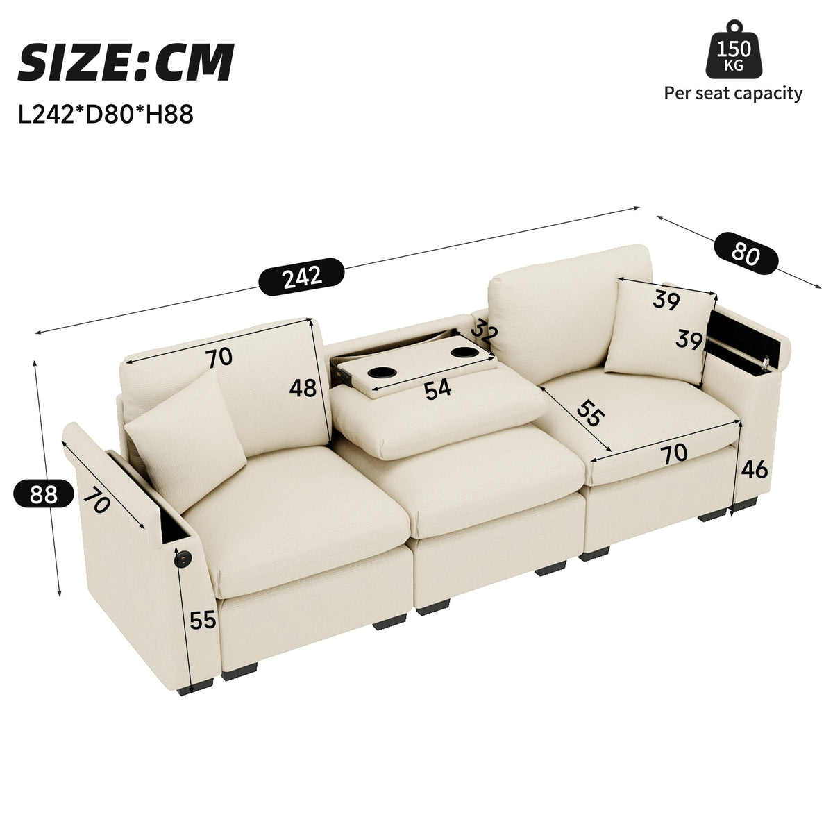 Three-seater Sofa Modern Folding Table USB Port Drink Holder Storage - Chenille