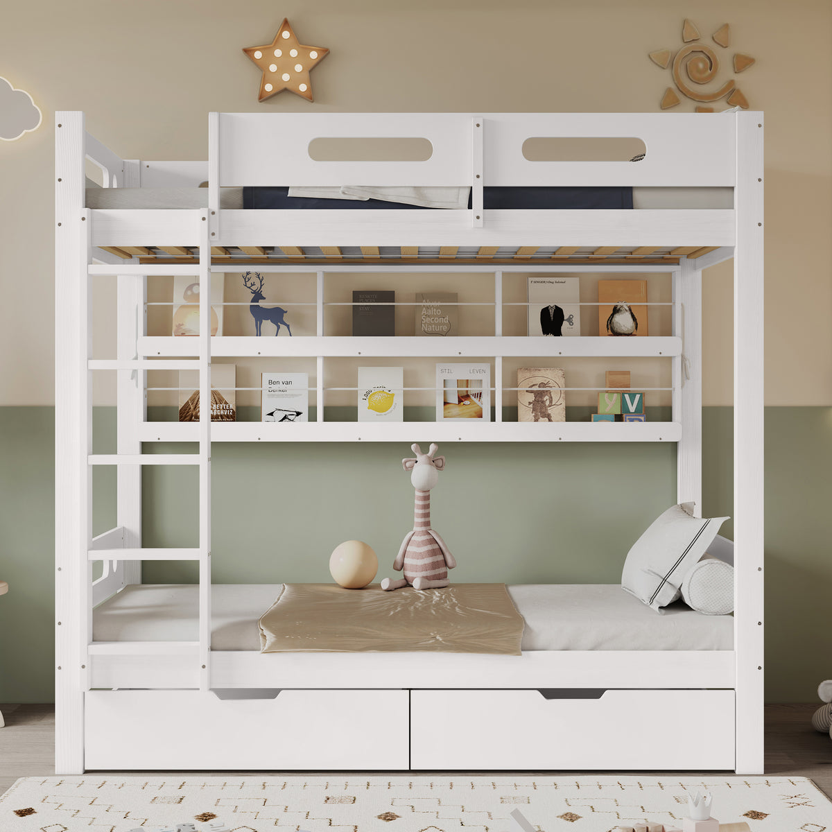 Bunk Bed 90x200 with Drawers & Storage Shelf, White Pine