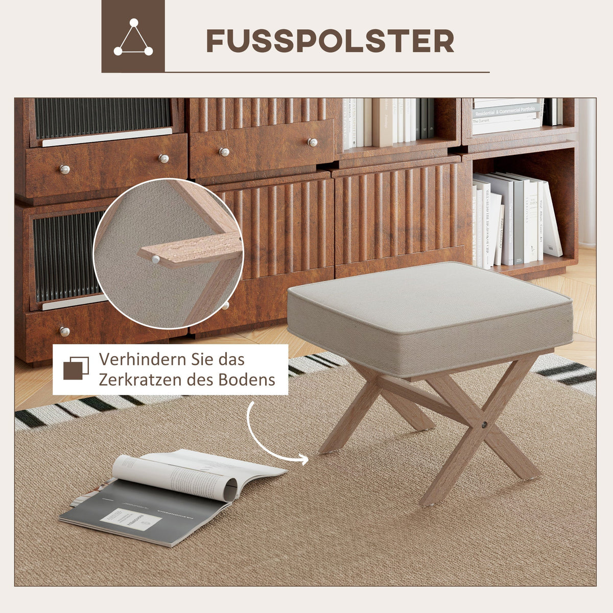 Ottoman Upholstered Bench Footstool with Padded Seat Wooden Footrest, Cream White