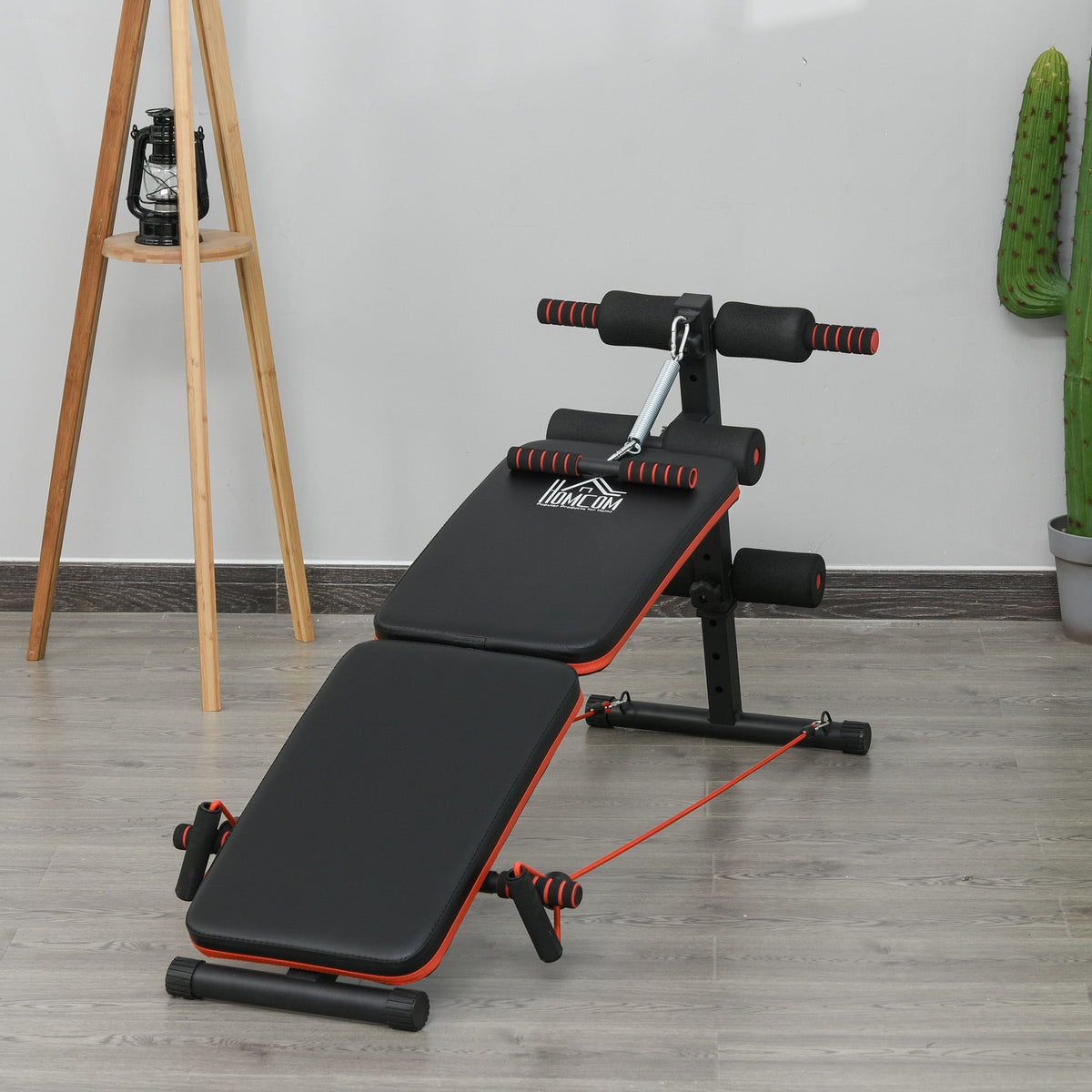 Sit-Up Bench, Adjustable & Foldable, Training Ropes, Steel Black Red