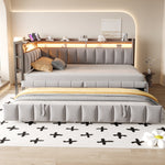 Upholstered Sofa Bed 90x200cm Pull-out LED Storage USB/Type-C Light Grey Velvet